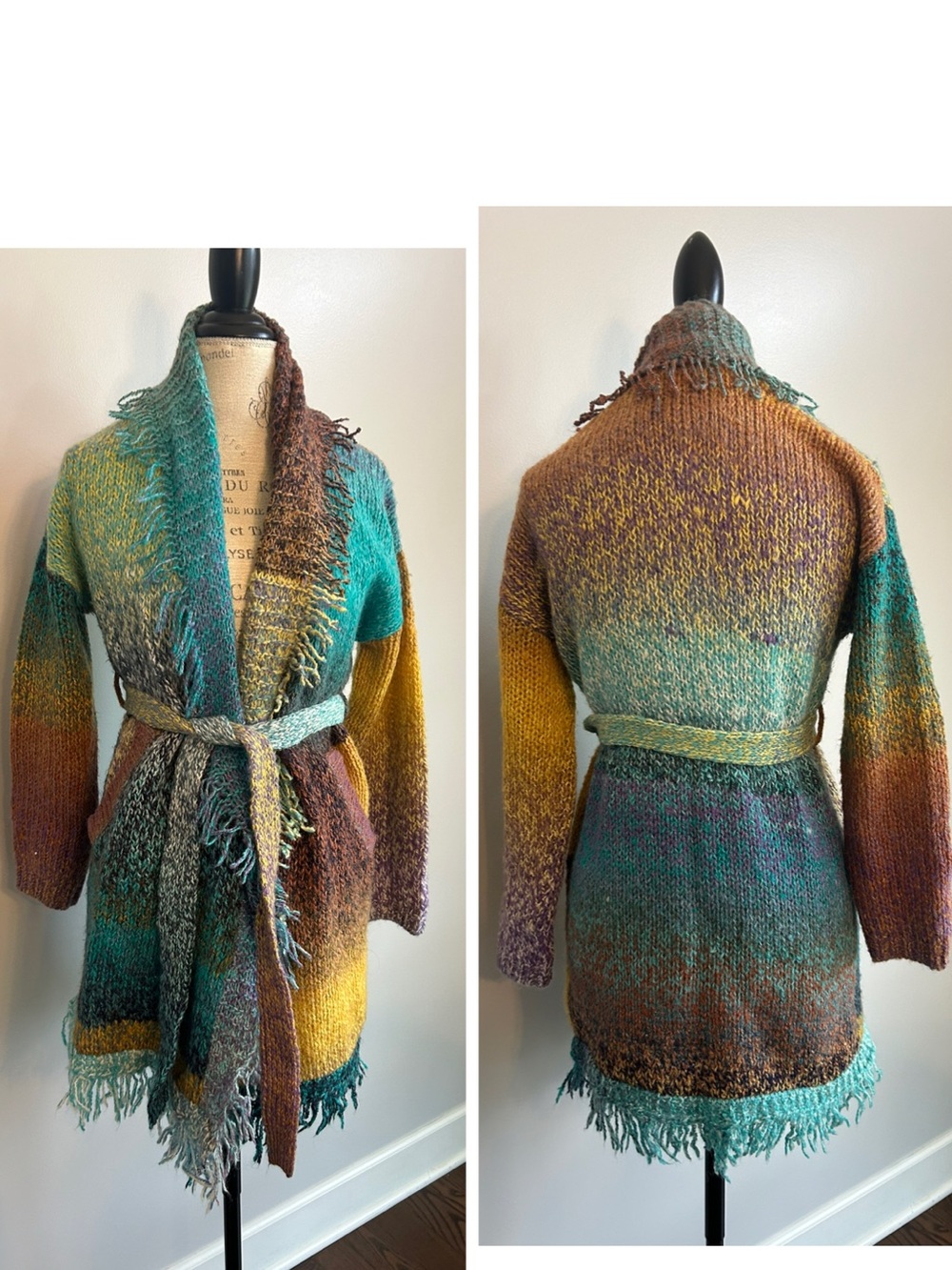Anthropologie Natalia Fringe Cardigan Greylin Belt Sweater Oversized Colorful XS